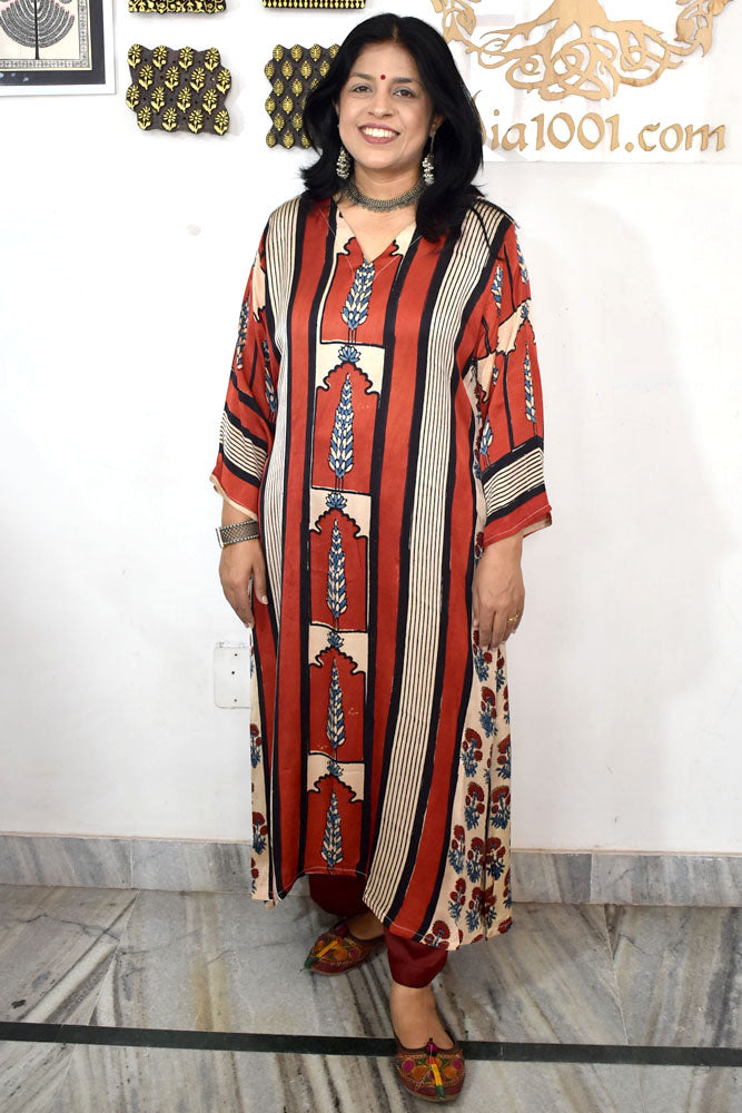 Beautiful Hand Block Printed Ajrakh Modal Silk Kurta, Size 40 to 46