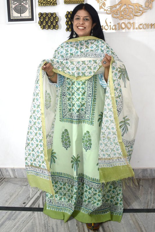 Designer Hand Block Print Cotton suit with Chanderi dupatta