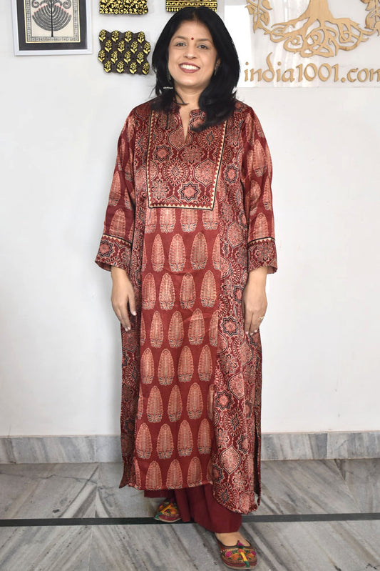 Beautiful Mashru Silk Kurta with Ajrakh block print  - Size 40 - 48