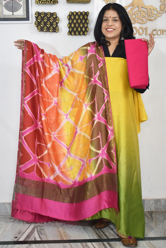 Designer chanderi suit with Clamp Dye dupatta