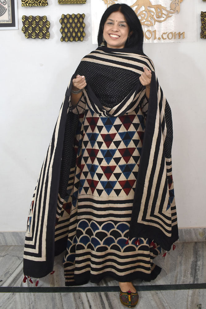 Designer Ajrakh Modal Silk Unstitched suit with  panel design & Ajrakh Dupatta- 2 piece set