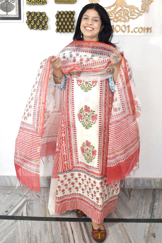 Designer Hand Block Print Cotton suit with Chanderi dupatta