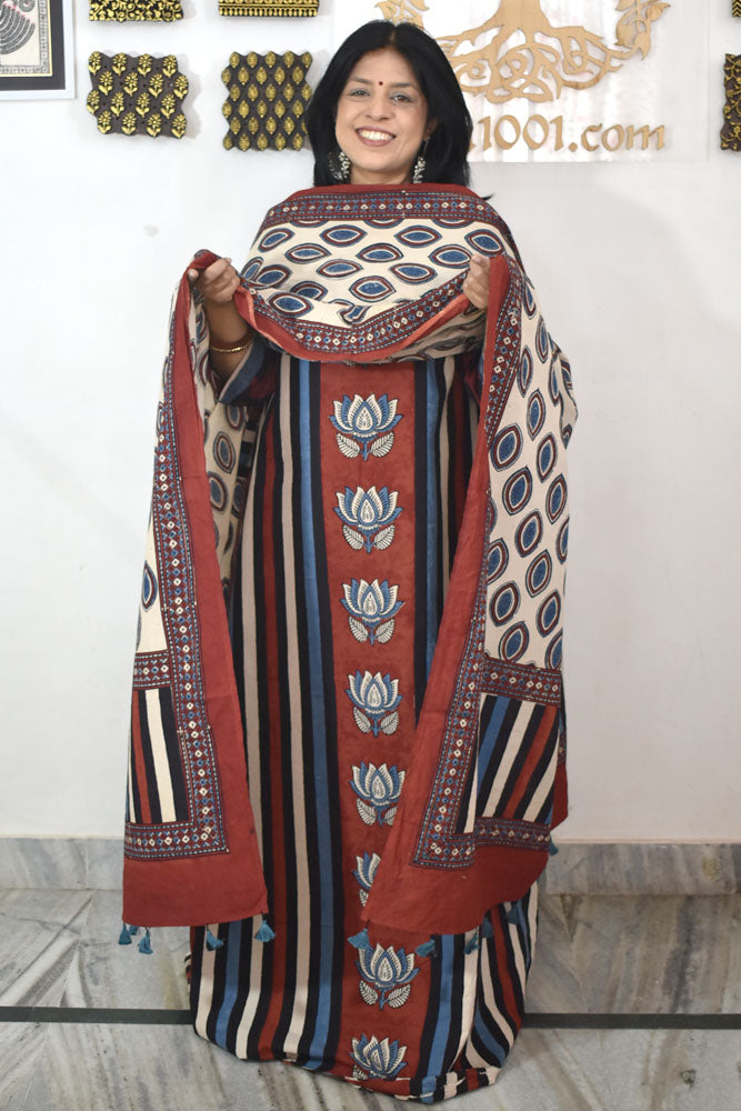 Designer Ajrakh Cotton Unstitched suit with  panel design, Ajrakh Dupatta - 2 piece set