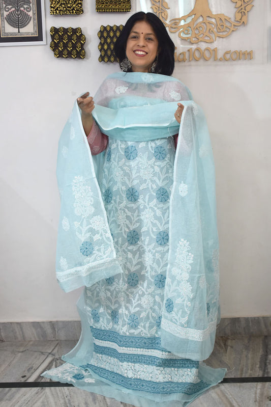 Elegant Lucknowi Chikankari Hand Embroidery work Kurta Fabric and dupatta set - 2 pc set