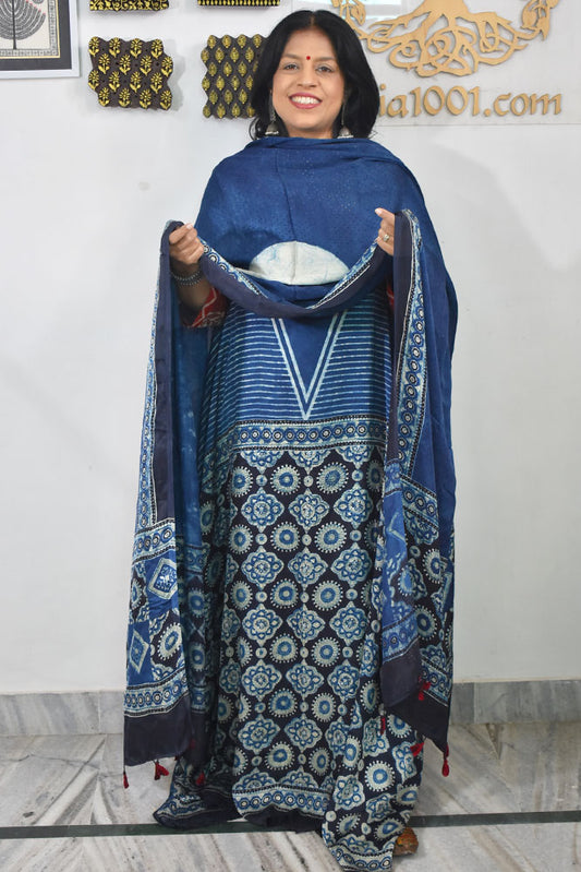 Designer Ajrakh Modal silk Kurta and Dupatta Set with  Neck yoke and panel design