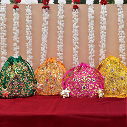 Set of 4 potlis - HAND GOTA PATTI & DABKA WORK SILK BLEND POTLI BAGS FOR GIVEAWAYS FOR WOMEN / RETURN GIFTS & FAVOURS FOR GUESTS