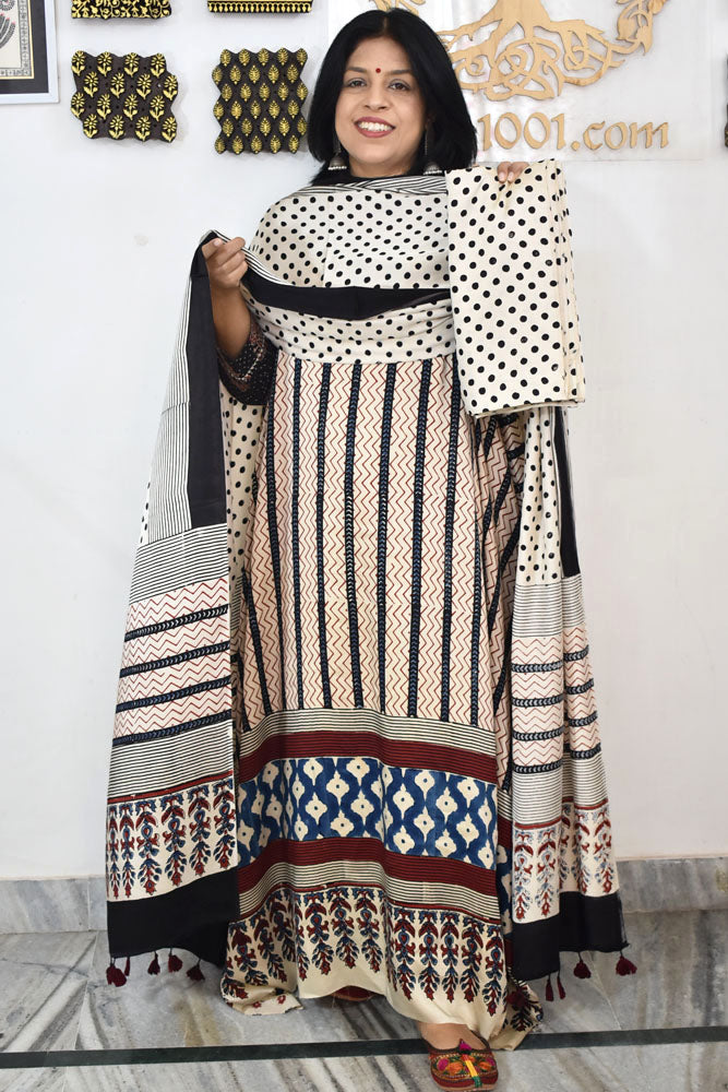 Designer Ajrakh Modal Silk Unstitched suit with  panel design, Ajrakh Dupatta & Bottom- 3 piece set