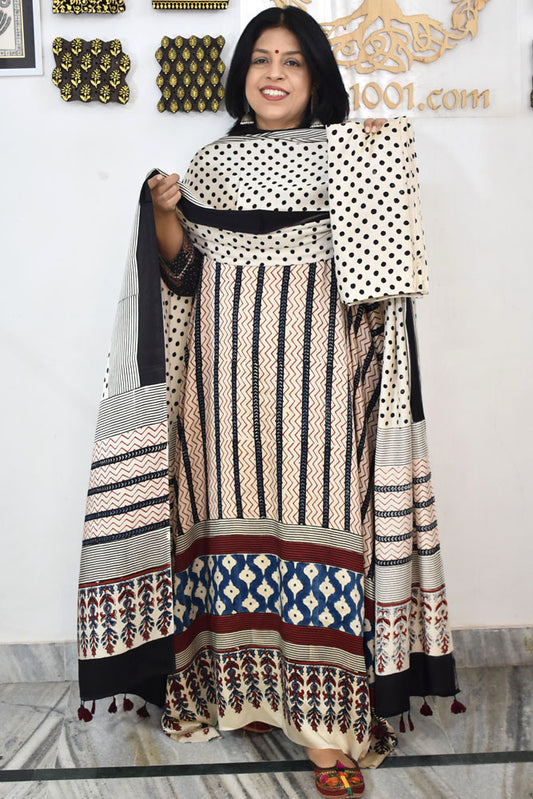 Designer Ajrakh Modal Silk Unstitched suit with  panel design, Ajrakh Dupatta & Bottom- 3 piece set