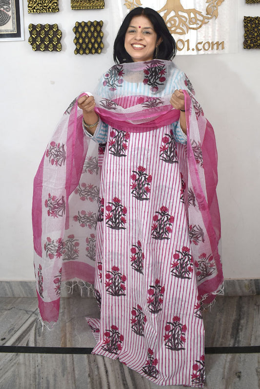Designer Hand Block Print Cotton suit with Kota dupatta