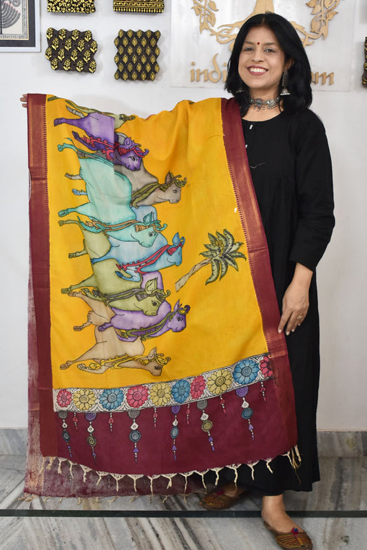 Beautiful Bangalore Cotton Silk Hand Painted Kalamkari Dupatta