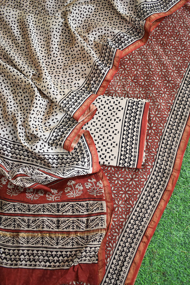 Elegant Hand Block Printed Maheshwari Unstitched suit fabric