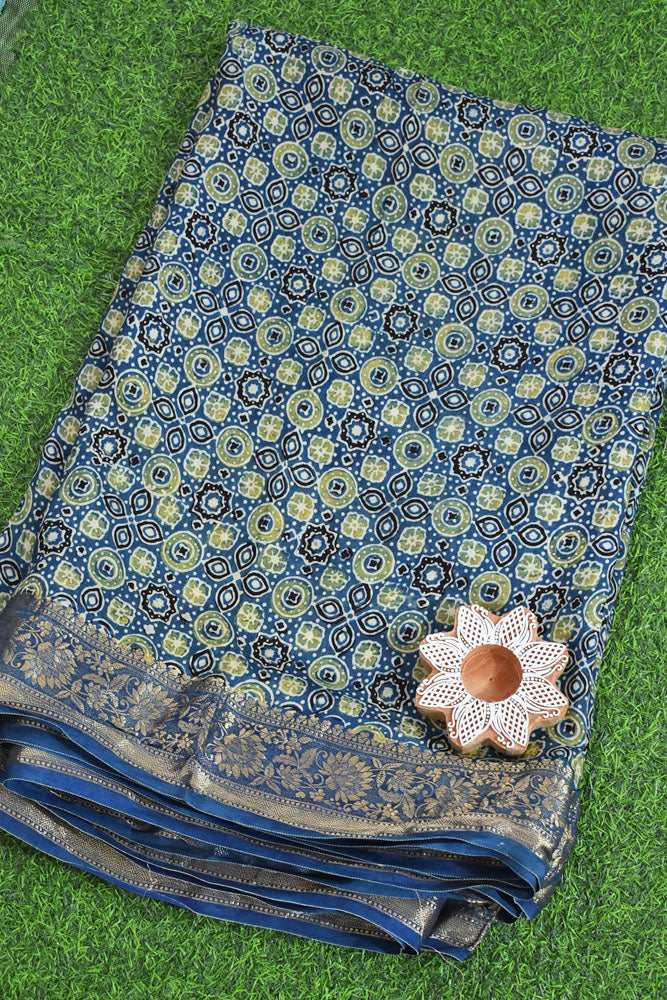 Beautiful Ajrakh Dola Silk Hand Block Print Fabric - 3 mtrs cut