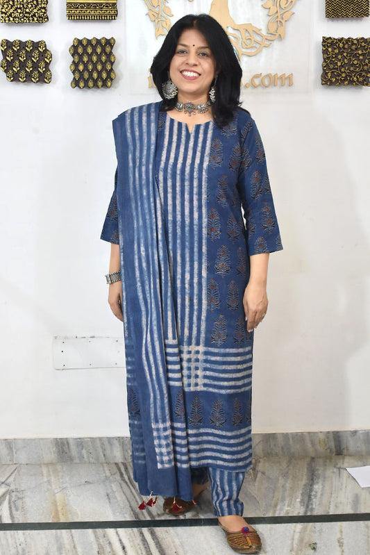 Designer Hand Block print Ajrakh Cotton suit with Full width Cotton Dupatta  - Size 38 to 46