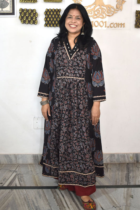 Designer Hand Block Printed Ajrakh cotton Kurta / Dress  With Mirror Work - Size 38 to 48 ( all sizes)