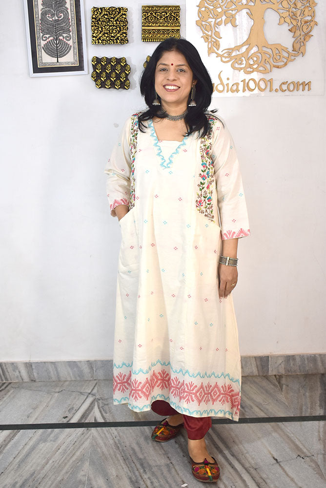 Elegant Cotton kurta / dress with French knot Hand Embroidery - Size 38 - 46