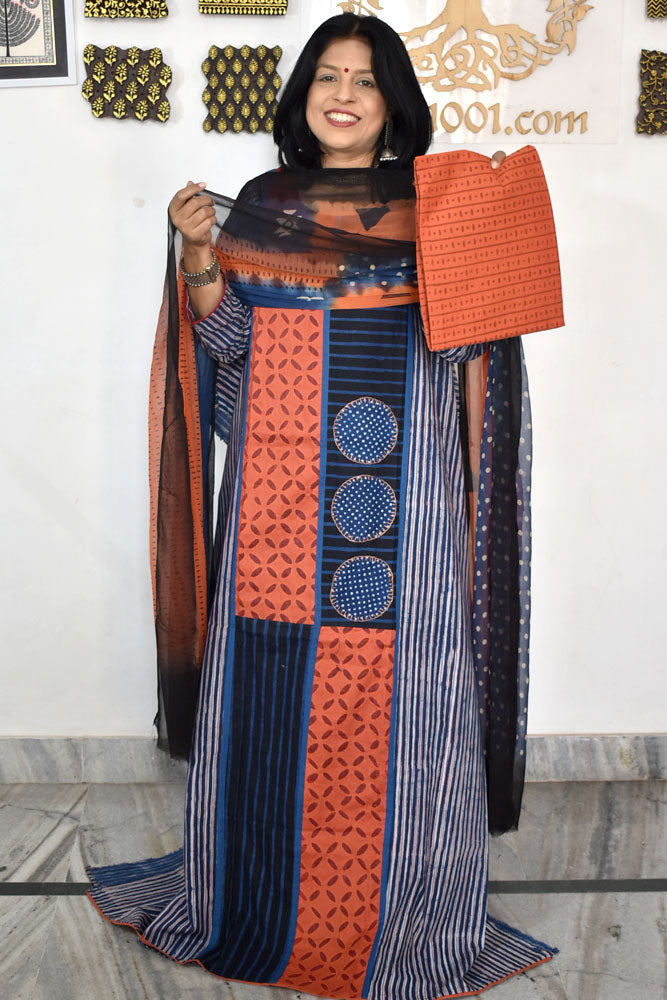 Designer Cotton Unstitched Suit Fabric with Embroidery, Bagru Block print patch & Chiffon dupatta