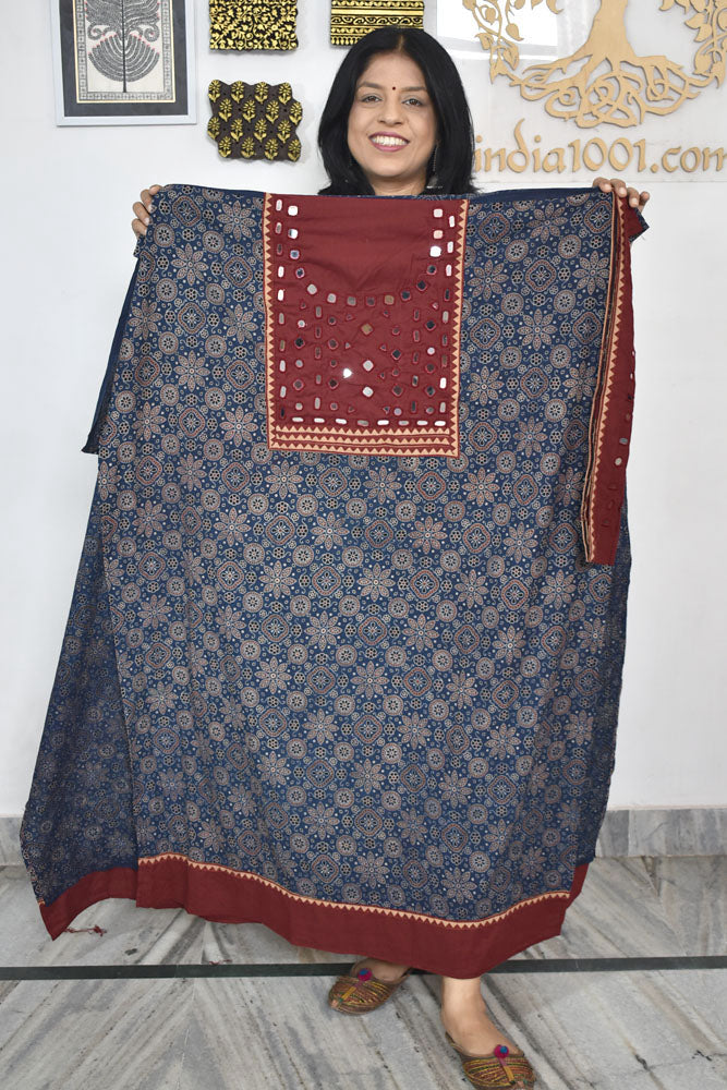 Designer Ajrakh Cotton Kurta Fabric with Kutch Mirror Work patch