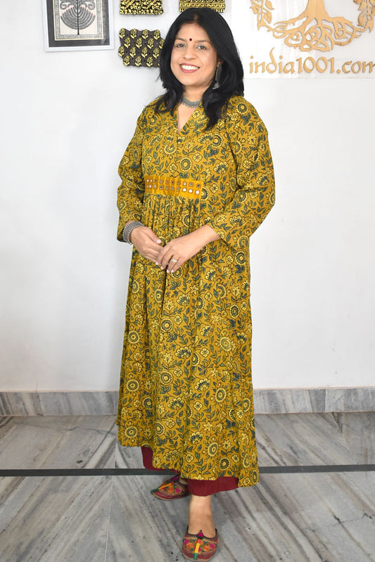 Beautiful Hand Block Printed Ajrakh Cotton kurta with Kutch Mirror work , Size 40 to 48