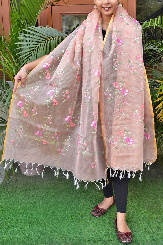 Elegant Kota Tissue dupatta with All over Cross Stitch Embroidery - Peach