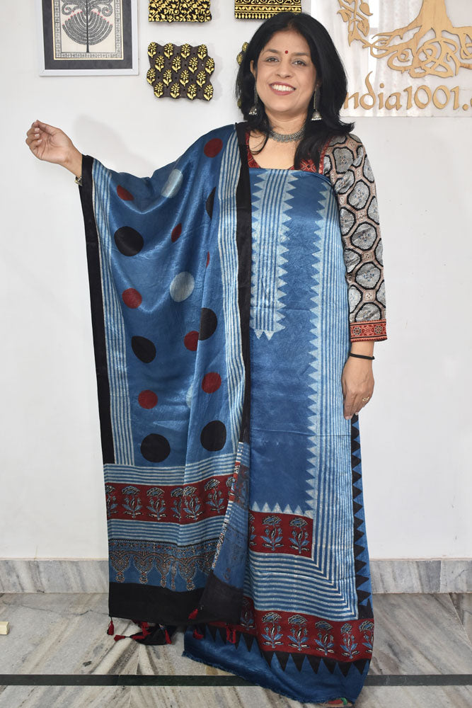 Designer Ajrakh Mashru Silk Unstitched suit with  panel / yoke design- 3 piece set