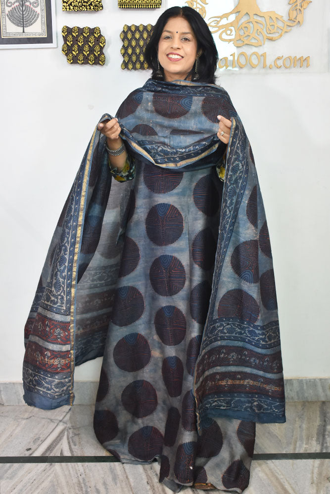 Beautiful Vanaspati Ajrakh Hand Block Printed Maheshwari Silk Cotton set