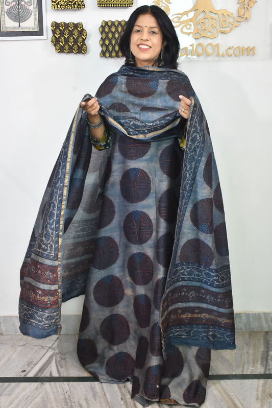 Beautiful Vanaspati Ajrakh Hand Block Printed Maheshwari Silk Cotton set