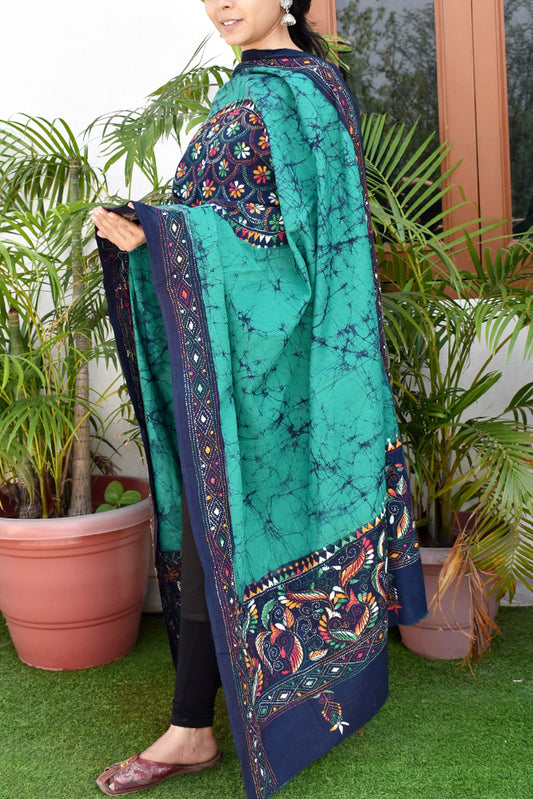Handcrafted & Handembroidered Cotton Dupatta with Bengal Kantha & Batik work
