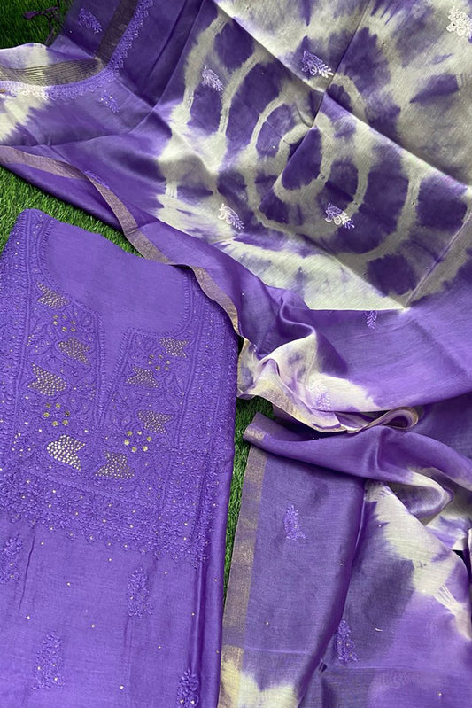 Elegant Chanderi  Kurta & Tie & Dye Dupatta Set with Heavy Chikankari Embroidery & Intricate Muqaish work