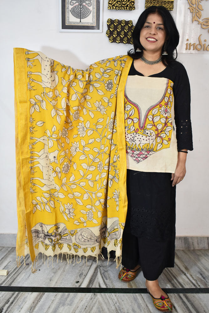 Beautiful Hand Painted Pen Kalamkari Dupatta & patch in Bangalore silk in Cotton