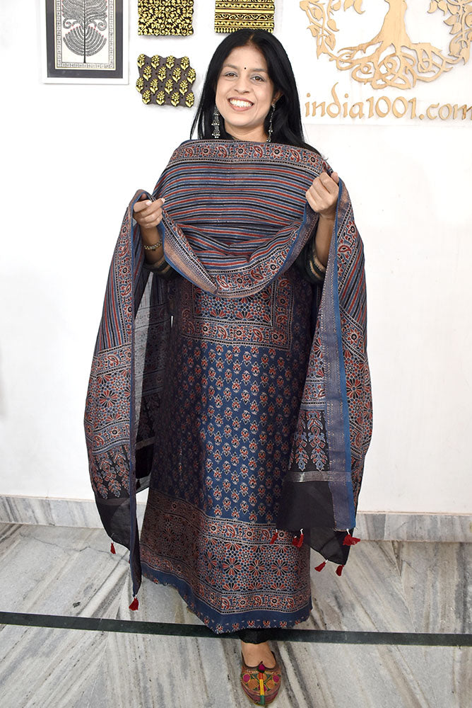 Beautiful Hand Block Printed Ajrakh Maheshwari Silk Cotton Unstitched Set - 2 PC set