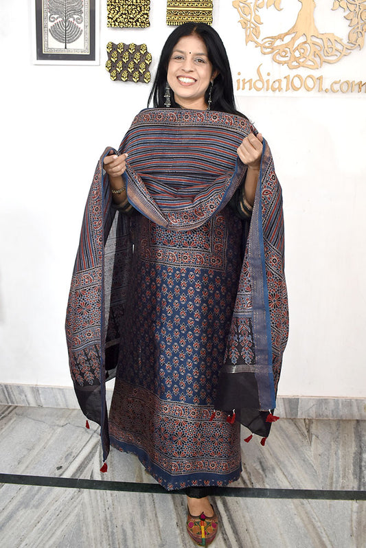 Beautiful Hand Block Printed Ajrakh Maheshwari Silk Cotton Unstitched Set - 2 PC set