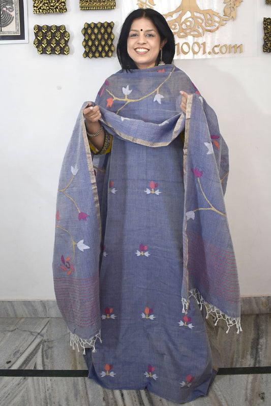 Kalakriti : Beautiful Hand Woven Soft Cotton Needle Jamdani Kurta Fabric & Dupatta set