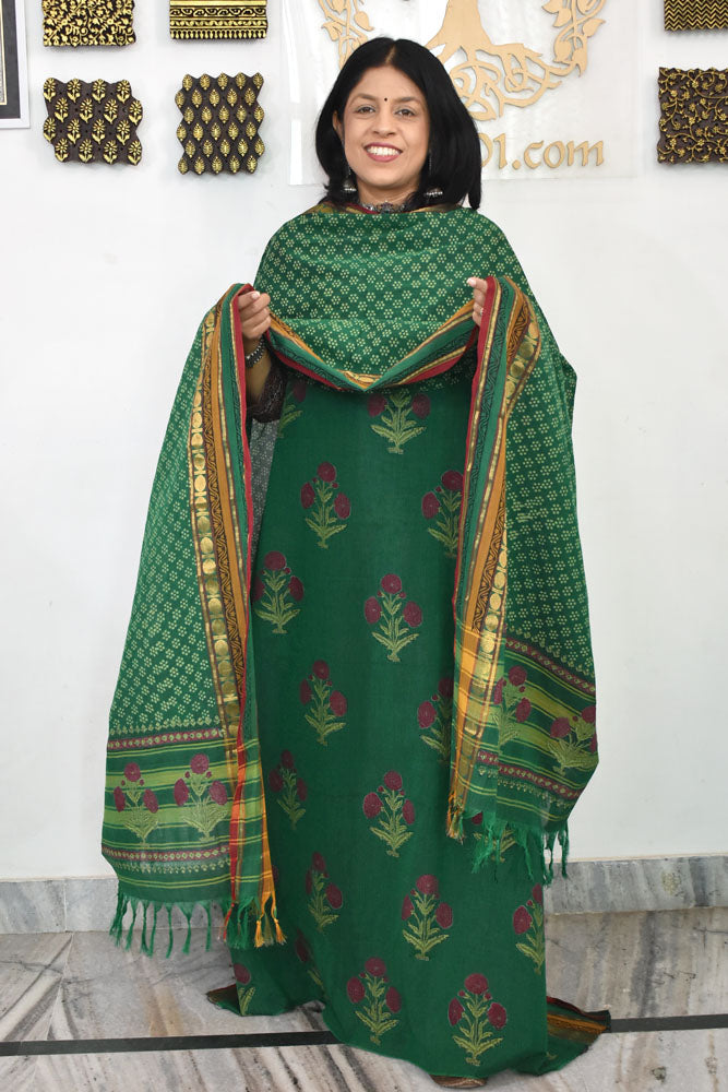 Beautiful Handwoven Cotton suit with Hand block print