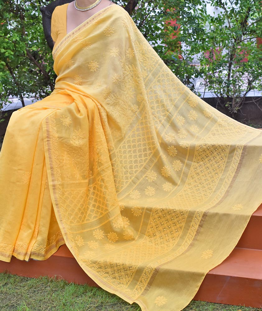 Elegant Ombre-Dyed Chanderi Silk Cotton Saree with Lucknowi Chikankari work
