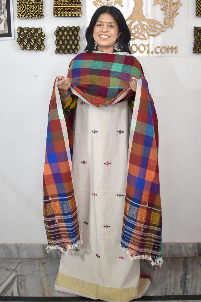 Premium Handwoven Kala Cotton Bhujodi suits with Mirror and Miri work - 3 pc set