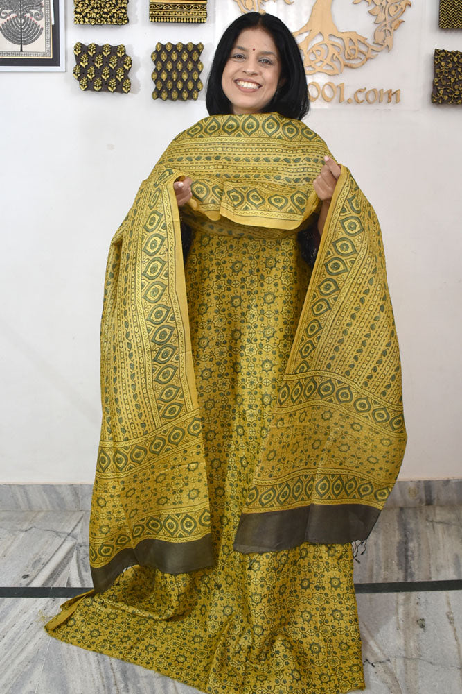 Ajrakh Hand Block printed Tussar Silk Kurta Dupatta Set