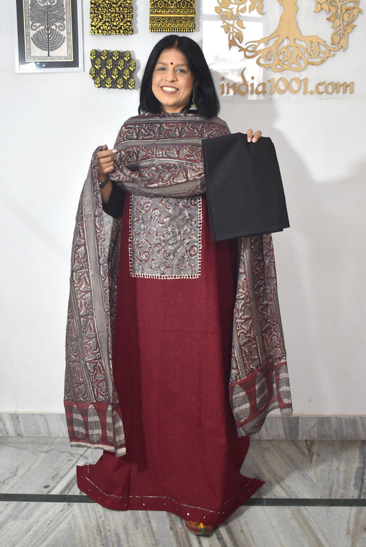 Elegant Handwoven Cotton Unstitched Suit with Ajrakh patch ,Intricate Hand Embroidery & block print  dupatta
