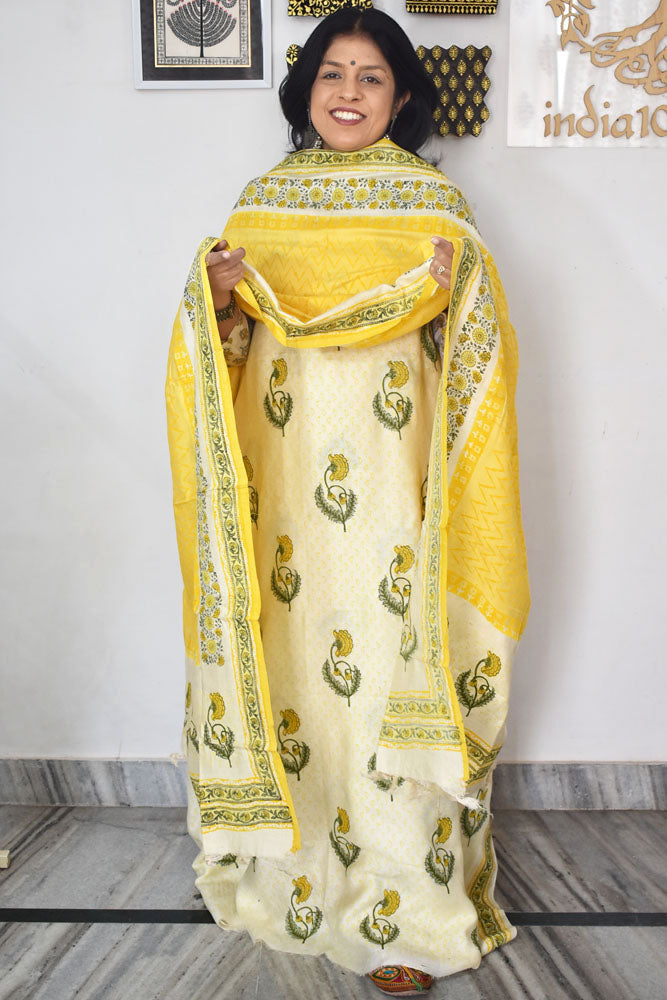 Elegant Hand Block printed Wool by Tussar Silk Kurta & Dupatta Sets