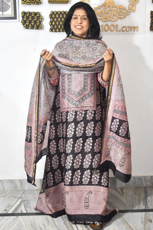 Bagh Hand Block Printed unstitched 3 pcs Handwoven Chanderi suit fabric with Zari borders