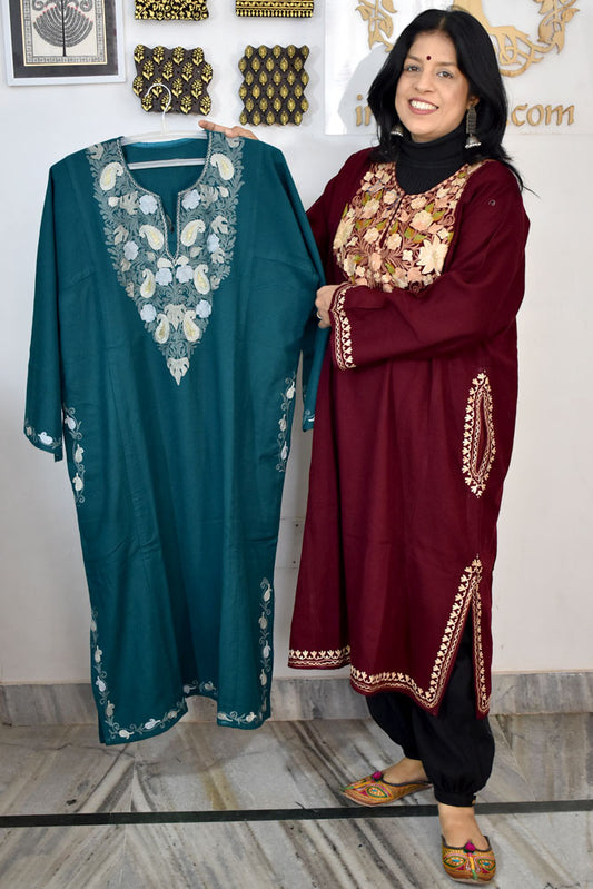 Kashmiri Wool Aari Embroidered Solid Women's Pheran Kurta