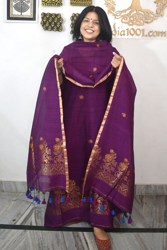 Kalakriti : Beautiful Hand Woven Soft Cotton Needle Jamdani Kurta Fabric With Zari Work & Dupatta set