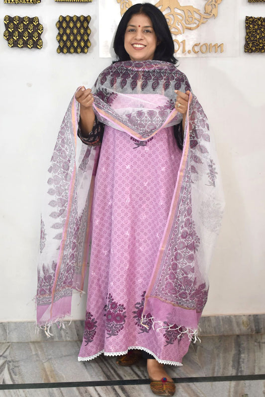 Elegant Hand Block print cotton suit & Kota dupatta