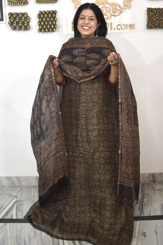 Designer Ajrakh Kota Silk Unstitched suit with Kota Silk Dupatta  - 2 piece set