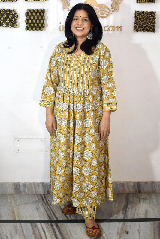 Elegant Hand Block Printed Cotton Kurta and pant set - Sizes 40 - 48