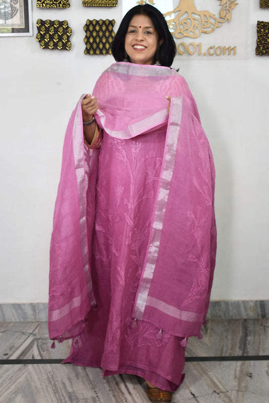Beautiful Pure Linen suit with intricate embroidery on the kurta & dupatta and cotton silk bottom