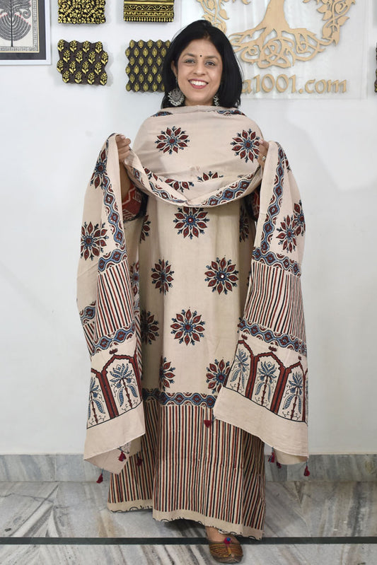 Designer Ajrakh Cotton kurta with  panel design & Mirror work & Cotton dupatta - 3 piece set