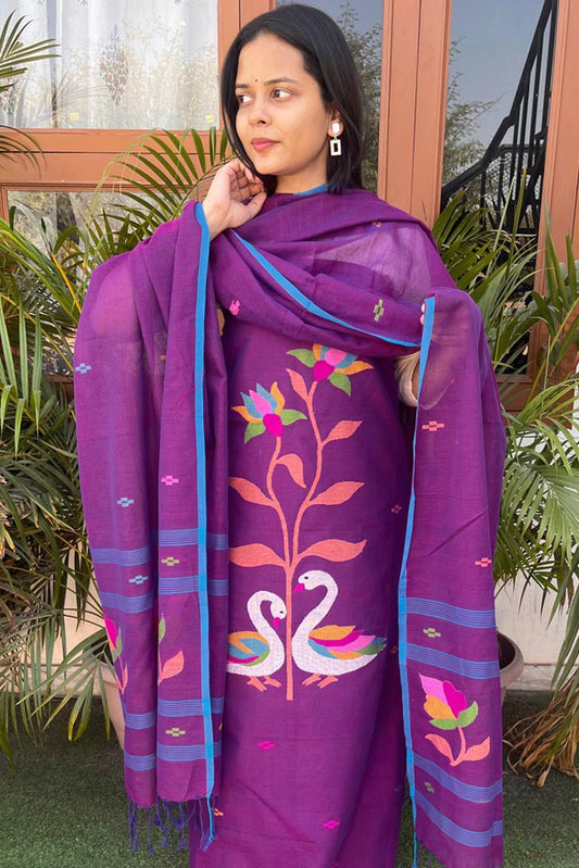Kalakriti : Beautiful Hand Woven Soft Cotton Jamdani Kurta Fabric & Dupatta set