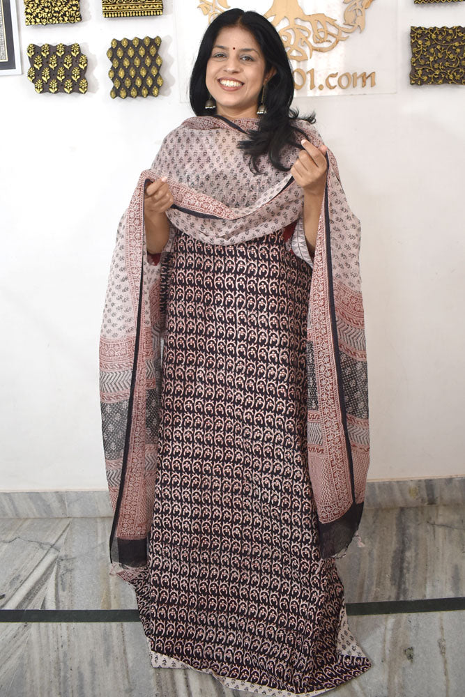 Classic Bagh Block Printed unstitched suit fabric with Kota Doria dupatta