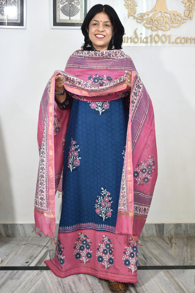 Elegant Hand Block print cotton suit with Schiffli work & Chanderi dupatta