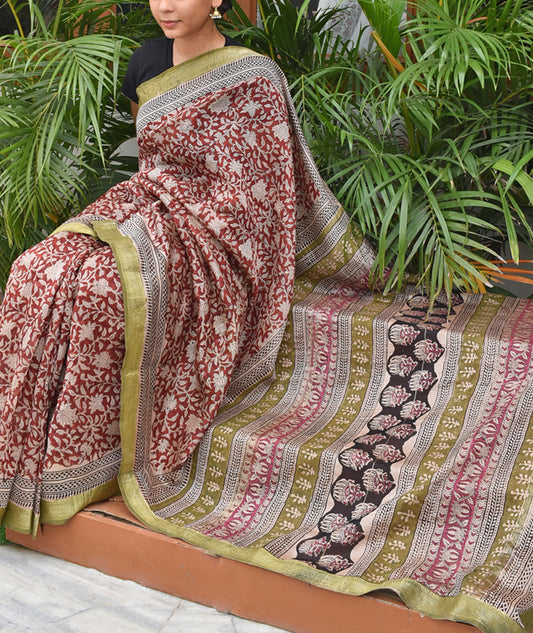 Elegant & Classic Hand Block Printed Bagru Maheshwari Silk Cotton Saree